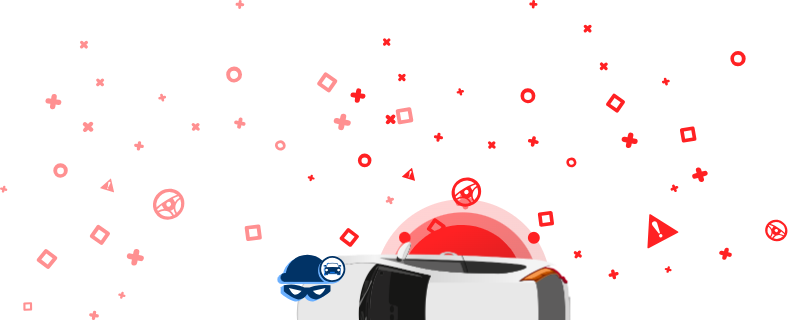 Un grafic care prezintă o mașină învelită în bandă adezivă, o capotă de hoț și o șapcă cu pictograma mașină pe un fundal roșu. Această imagine arată accesul la bazele de date privind vehiculele furate pentru a verifica dacă o mașină a fost furată.