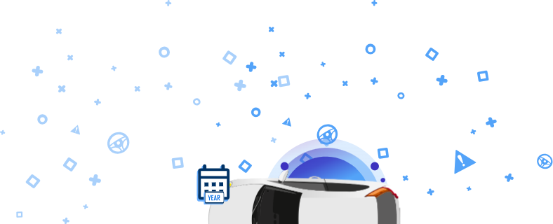 O mașină albă văzută de sus, cu pictograme albastre, inclusiv cuvintele „PAY ATTENTION” și „VIN” și alte simboluri auto.