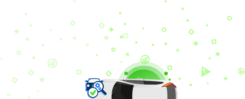 O mașină albă de sus, cu pictograme în jurul ei, inclusiv cuvintele „PAY ATTENTION” și simbolul „VIN” și alte simboluri auto