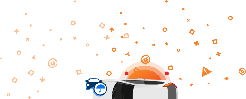 O mașină albă văzută de sus cu pictograme portocalii, inclusiv cuvintele „PAY ATTENTION” și „VIN” și alte simboluri auto