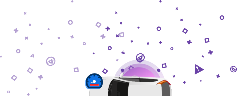 O imagine care prezintă un vehicul avariat, cu vitezometrul afișând o bară roșie pe un fundal violet. Această pictogramă indică importanța verificării întoarcerii odometrului pentru a asigura un kilometraj exact.