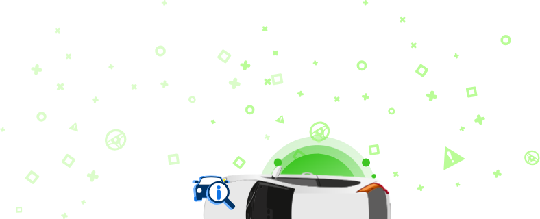 Ilustrația unei mașini cu o lupă care afișează o pictogramă de informații pe un fundal verde cu forme decorative. Această imagine înseamnă că verificați VIN-ul vehiculului dumneavoastră pentru informații detaliate.