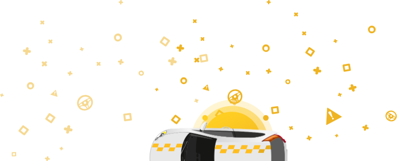 O imagine a unei mașini cu un semn de taxi în partea de sus, pe un fundal galben cu forme geometrice. Acest grafic este legat de scopul de utilizare al vehiculului, arătând că acesta a fost utilizat ca taxi.