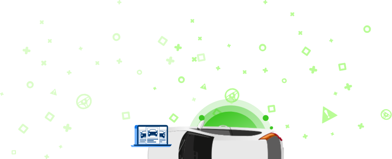 Ilustrație a unei mașini cu un laptop care arată fotografii ale vehiculului și un fundal verde cu forme geometrice. Această imagine indică utilizarea unui cod QR pentru a accesa detaliile vehiculului.