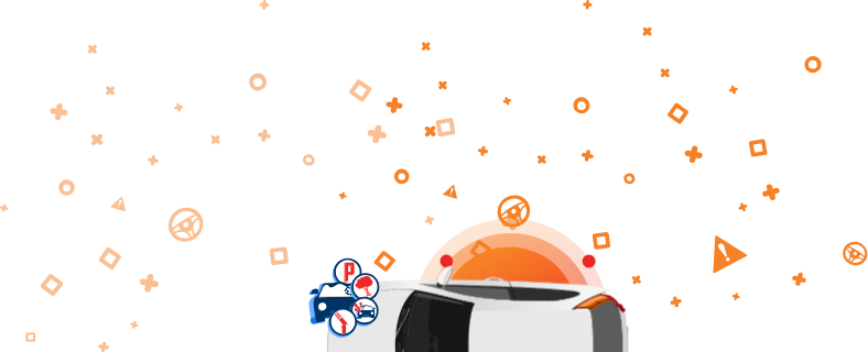 Ilustrație a unei mașini deteriorate cu pictograme de aer condiționat, asistență la parcare și scaune încălzite pe un fundal portocaliu cu forme geometrice. Această imagine indică echipamentul și caracteristicile vehiculului.