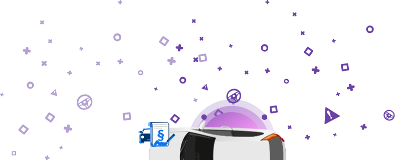 O imagine care arată o mașină cu un document care prezintă un simbol de paragraf și o semnătură, pe un fundal violet. Această pictogramă indică prezența unor prejudicii fiscale pe vehicul.