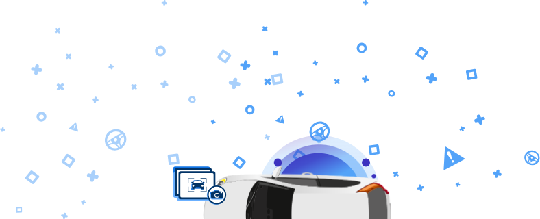 Imagine care arată o mașină deteriorată cu o pictogramă de cameră și o pictogramă de mașină pe un fundal albastru cu elemente decorative. Această pictogramă indică faptul că fotografiile vehiculului au fost incluse pentru o înregistrare vizuală detaliată.