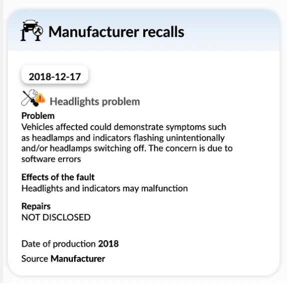 autoDNA Vehicle History Report - manufacturers recalls