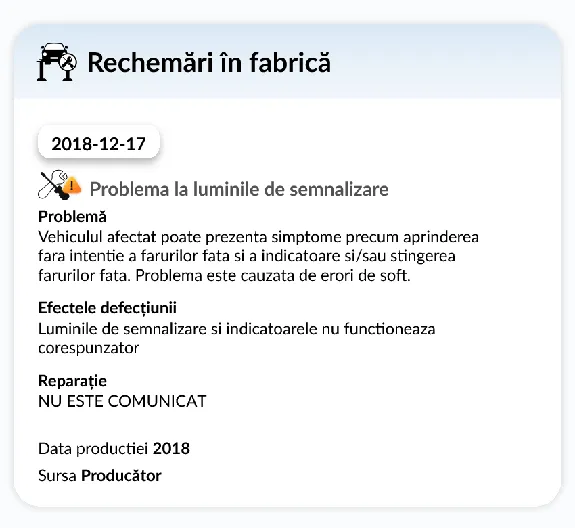 Raport istoric vehicul autoDNA - rechemări ale producătorilor
