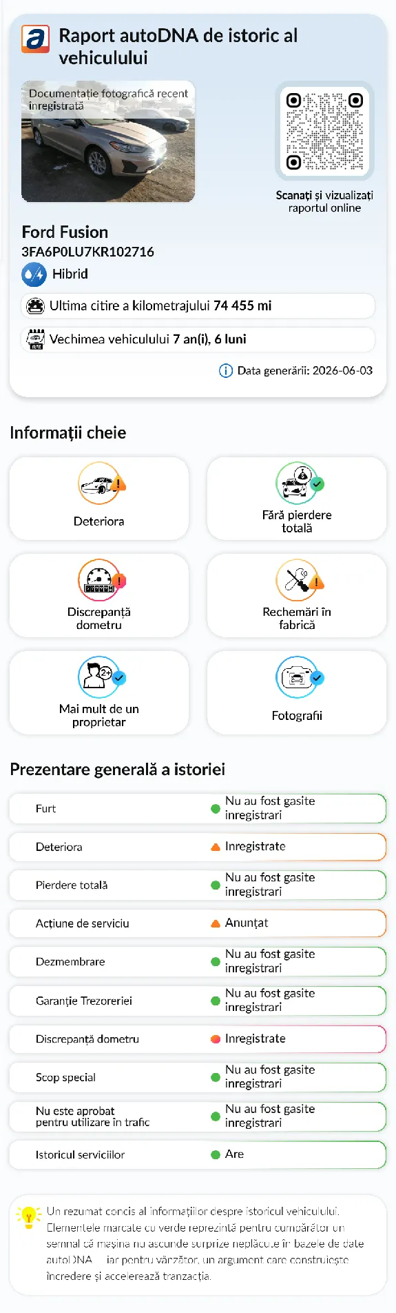 Raport istoric vehicul autoDNA - informații anterioare